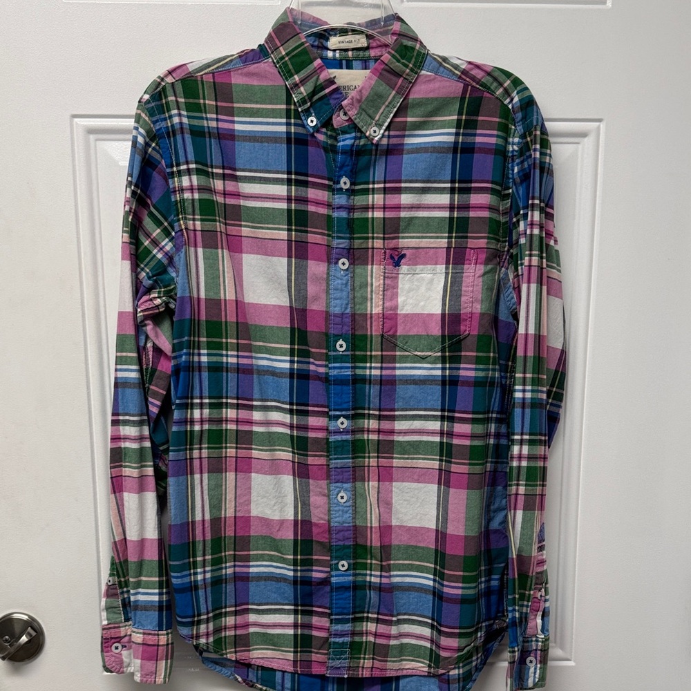 American Eagle Outfitters Men's Plaid Shirt - Blue, Pink, Green